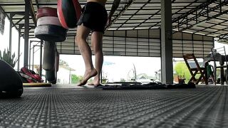 Stretching before Muay Thai training - at Thailand, Pai district, Mae Hong Son.