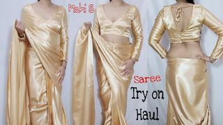 My New Gold Satin Saree Try on Haul from Amazon India | Mahi S