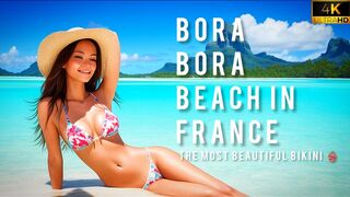 Women in beautiful bikinis on the beach of Bora Bora, France