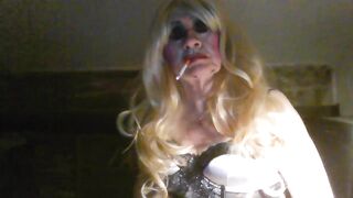 Tranny Sarah, smokes, wearing new lingerie.