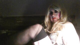 Tranny Sarah, smokes, wearing new lingerie.