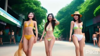 Three smiling Thai women in bikinis are walking along a sidewalk in Bangkok.