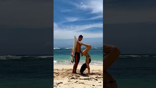 Morning yoga by the ocean with a surfer #yoga #surfer #flexibility #surfing #ocean #stretching