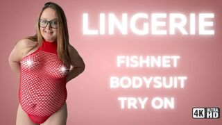 [4K] Red Fishnet Lingerie Try On with Mirror View: Curvy Thick Natural Body Edition