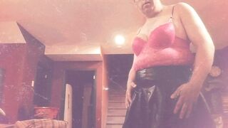 crossdresser Marianne modeling sexy pink lingerie & leather miniskirt #asmr #trending