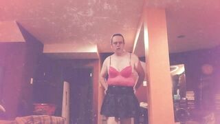 crossdresser Marianne modeling sexy pink lingerie & leather miniskirt #asmr #trending