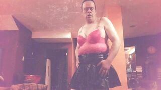 crossdresser Marianne modeling sexy pink lingerie & leather miniskirt #asmr #trending