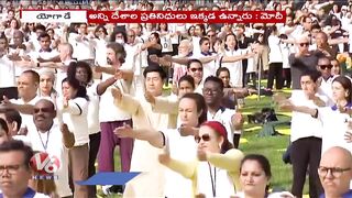 PM Modi Participates In International Yoga Day Celebrations At New York | V6 News