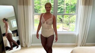 Vintage Thrift Store Finds Shiny Satin Bodysuit Teddy Lingerie with fishnet pantyhose stiletto heels