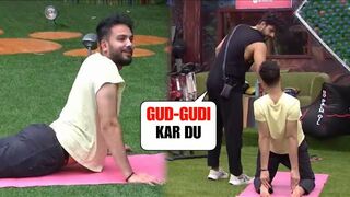 bigg boss ott 2 live, Fukra Insaan teases Elvish Yadav Doing Yoga, Elvish ke sath fukra ki masti