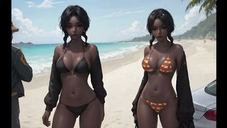 Beautiful mulatto and black women in bikinis on the beach AI Мулатки и негритянки в бикини