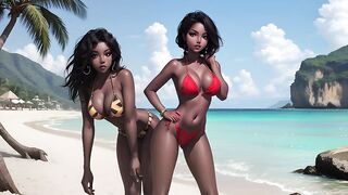 Beautiful mulatto and black women in bikinis on the beach AI Мулатки и негритянки в бикини