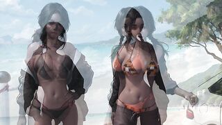 Beautiful mulatto and black women in bikinis on the beach AI Мулатки и негритянки в бикини