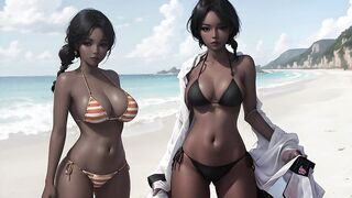 Beautiful mulatto and black women in bikinis on the beach AI Мулатки и негритянки в бикини