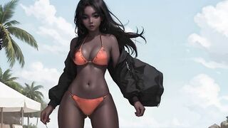 Beautiful mulatto and black women in bikinis on the beach AI Мулатки и негритянки в бикини