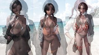 Beautiful mulatto and black women in bikinis on the beach AI Мулатки и негритянки в бикини